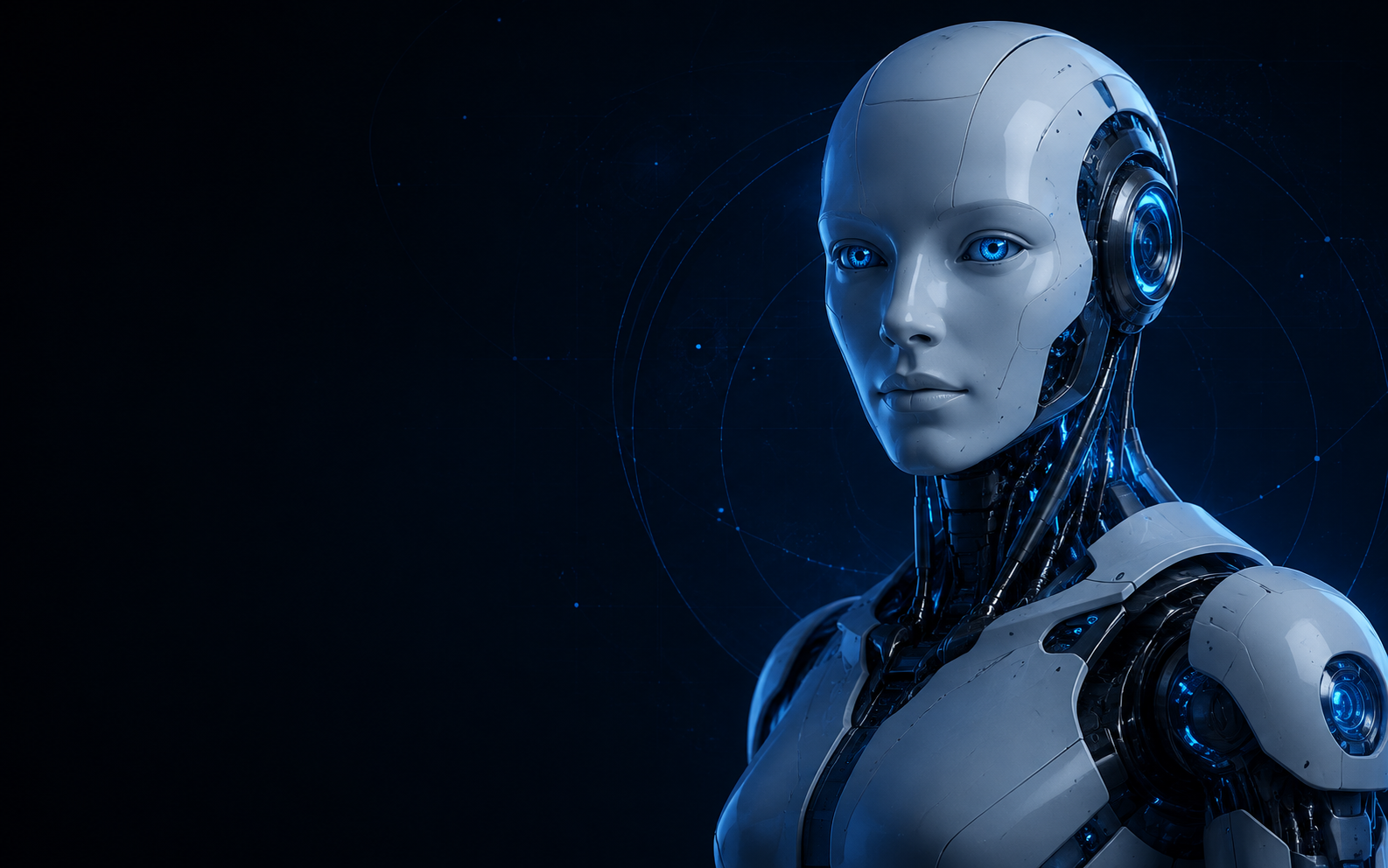A precision-engineered humanoid robot illuminated in blue